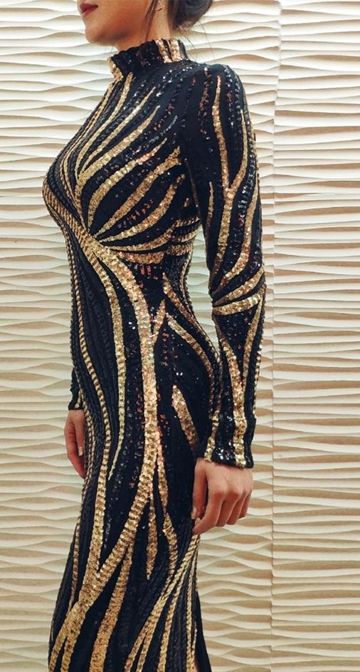 Glittering Womens Turtleneck Long Sleeve Sequin Maxi Bodycon Dress Elegant Stretch Geometrical Foil Party Dress Vestidos - LiveTrendsX