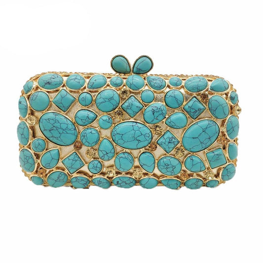 Women Clutch Purse Evening Bag Clutches Luxury Blue Turquoise Agate Stone Crystal Minaudiere Bag Wedding Handbag - LiveTrendsX