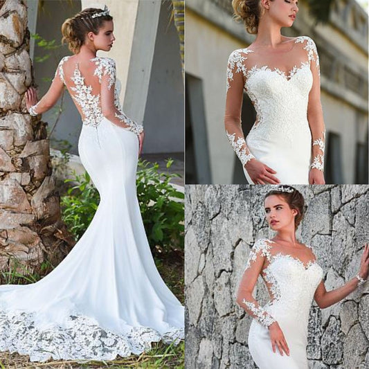 Fantastic O-Neck Mermaid Wedding Dresses Custom Made Sexy See Through Long Sleeve Illusion Back Bridal Gowns Floor Length - LiveTrendsX