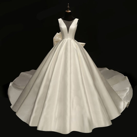 retro satin face oversize bow bridal ball gown sexy deep-v neck illusion mesh wedding reflective dress - LiveTrendsX