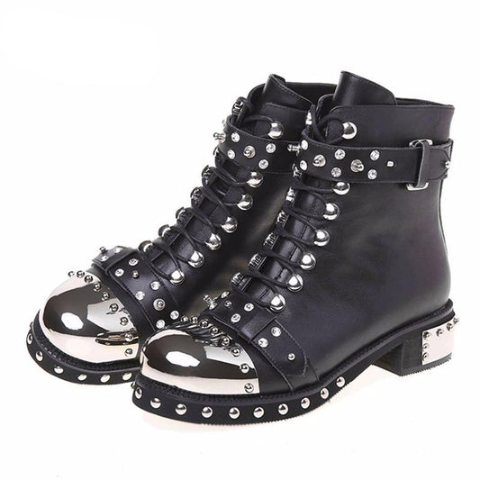 Sexy Rivets Womens Ankle Boots Genuine Leather Chunky Heel Ladies Lace Up Goth Punk Platform Shoes Boots Spring Big Size - LiveTrendsX