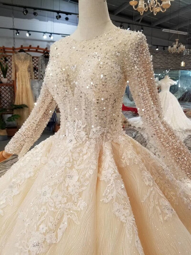 handmade crystal wedding dresses champagne o-neck long sleeve corset lace up back wedding gown with long train fashion - LiveTrendsX