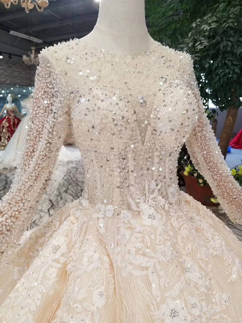 handmade crystal wedding dresses champagne o-neck long sleeve corset lace up back wedding gown with long train fashion - LiveTrendsX