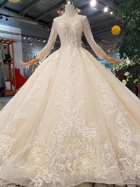 handmade crystal wedding dresses champagne o-neck long sleeve corset lace up back wedding gown with long train fashion - LiveTrendsX