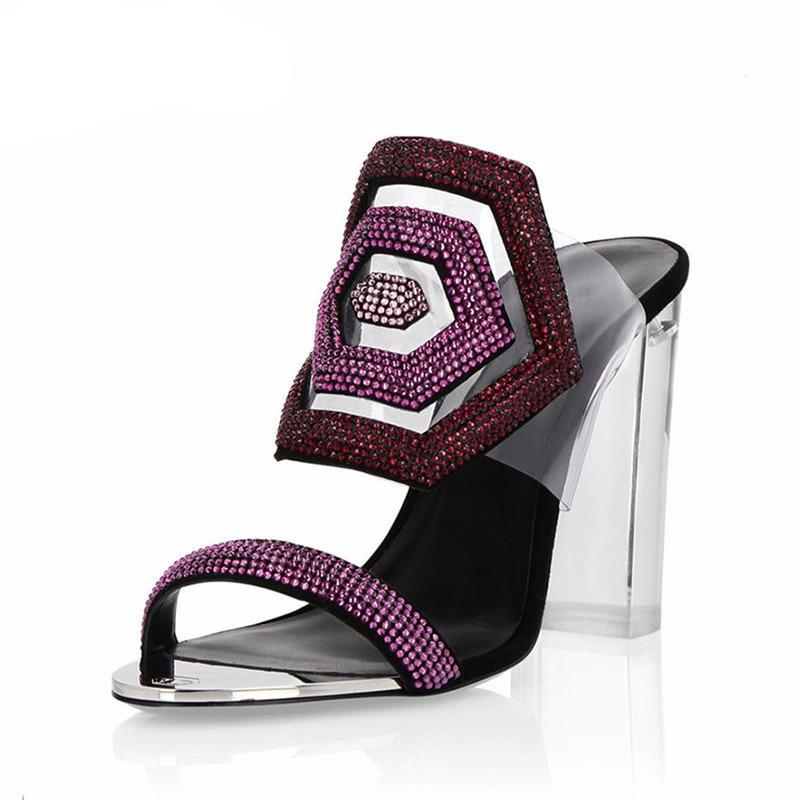 Crystal Geometric Hexagon Sandals Women open toe High Heel slippers Transparent PVC Rhinestone Slingback shoes zapatos mujer - LiveTrendsX