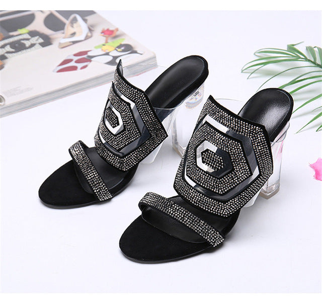 Crystal Geometric Hexagon Sandals Women open toe High Heel slippers Transparent PVC Rhinestone Slingback shoes zapatos mujer - LiveTrendsX