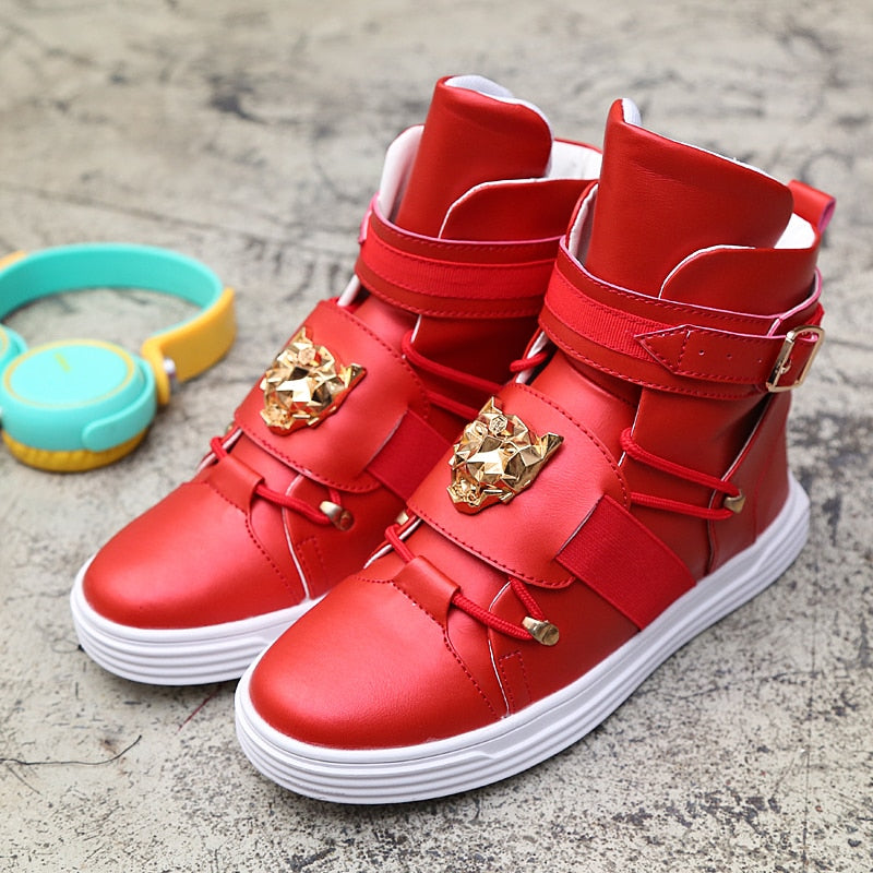 Cool Men High Top Fashion Sneakers Buckle Platform Flats Boots Shoes Man Harajuku Red krasovki Vulcanized Outdoor Shoes - LiveTrendsX