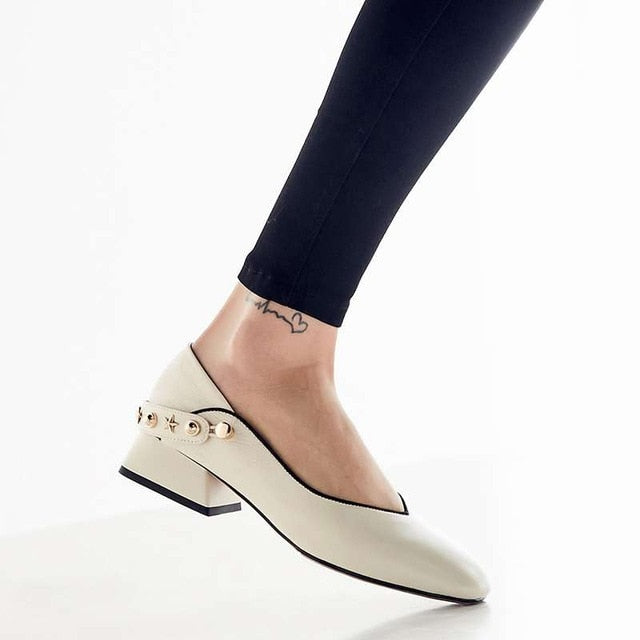 British style metal rivets decoration slip on genuine leather pumps vintage square toe plus size popular grandma shoes - LiveTrendsX