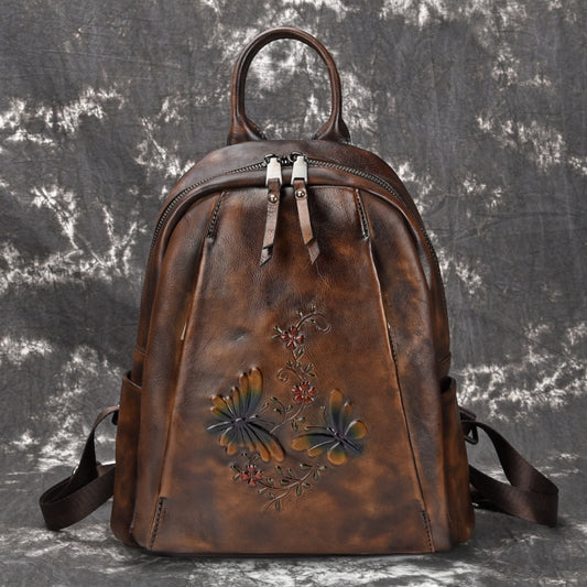 High Quality Natural Skin Rucksack Travel Bag Vintage Brush Color Embossed Daypack Knapsack Women Genuine Leather Backpack New - LiveTrendsX