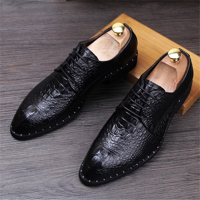 Men's Crocodile Dress Leather Shoes Lace-Up Wedding Party Shoes Mens Business Office Oxfords Flats Plus Size Men Fashion - LiveTrendsX