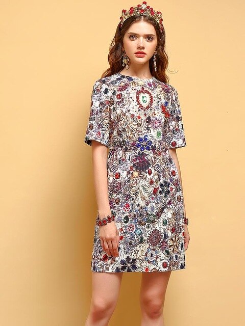 Summer Fashion Dress Women's Gorgeous Crystal Beading Printed Elegant Vintage Vacation Ladies Mini Dresses - LiveTrendsX