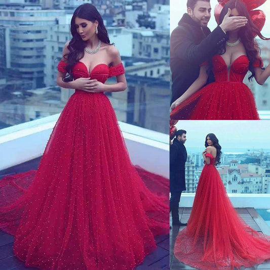 Long Prom A-line Off-the-shoulder Red Beading Prom Dresses Pearls Crystals Saudi Arabia Evening Gowns - LiveTrendsX