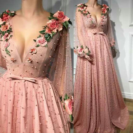 A-line Prom Dresses V neck Pink Long Prom Dress Evening Dresses With 3D Flower Long Sleeves Evening Gowns - LiveTrendsX