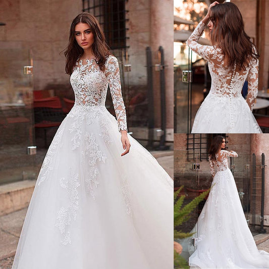 Attractive Tulle Jewel Neckline See-through Bodice A-line Wedding Dress With Lace Appliques & Beadings Long Sleeves Bridal Dress - LiveTrendsX