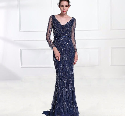 Luxury Pink Navy Blue Beading Mermaid Tulle Evening Dress V-Neck Long Sleeves Elegant Evening Gowns 2020 - LiveTrendsX