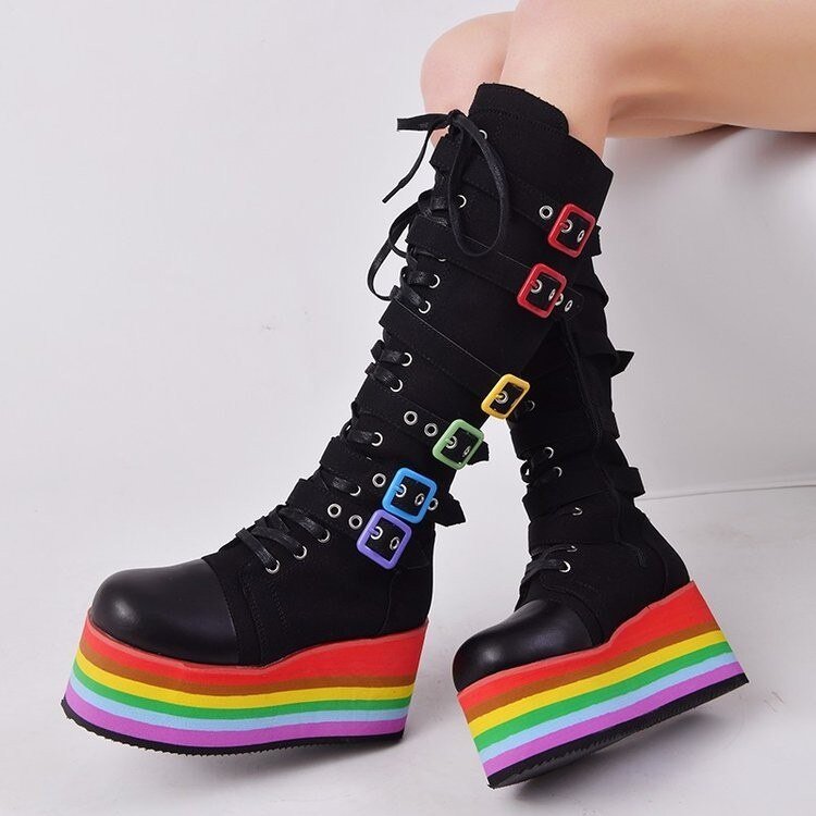 Wedges High Heels Black Gothic Calf Boots Women Shoes - LiveTrendsX