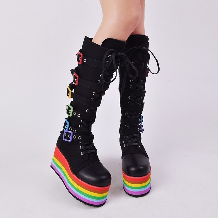 Wedges High Heels Black Gothic Calf Boots Women Shoes - LiveTrendsX