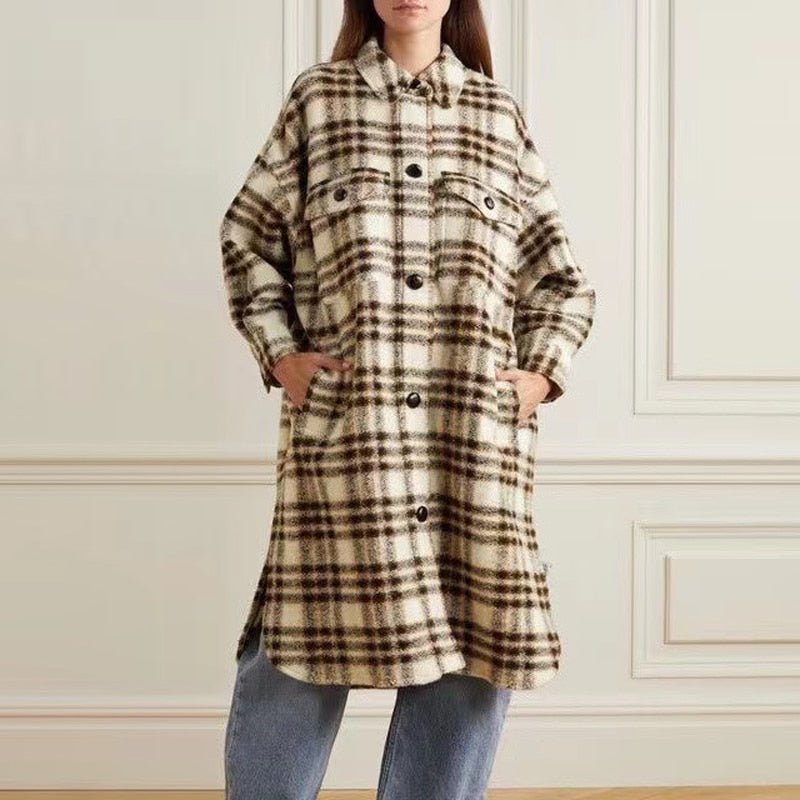 Women midi woolen coat cowhide buttons loose plaid coat - LiveTrendsX