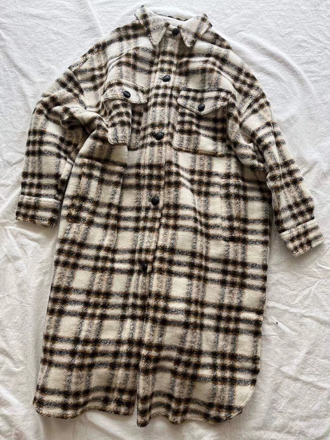 Women midi woolen coat cowhide buttons loose plaid coat - LiveTrendsX